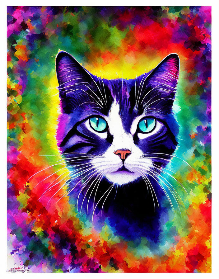 Colorful Cat Illustration with Blue Eyes on Psychedelic Rainbow Background