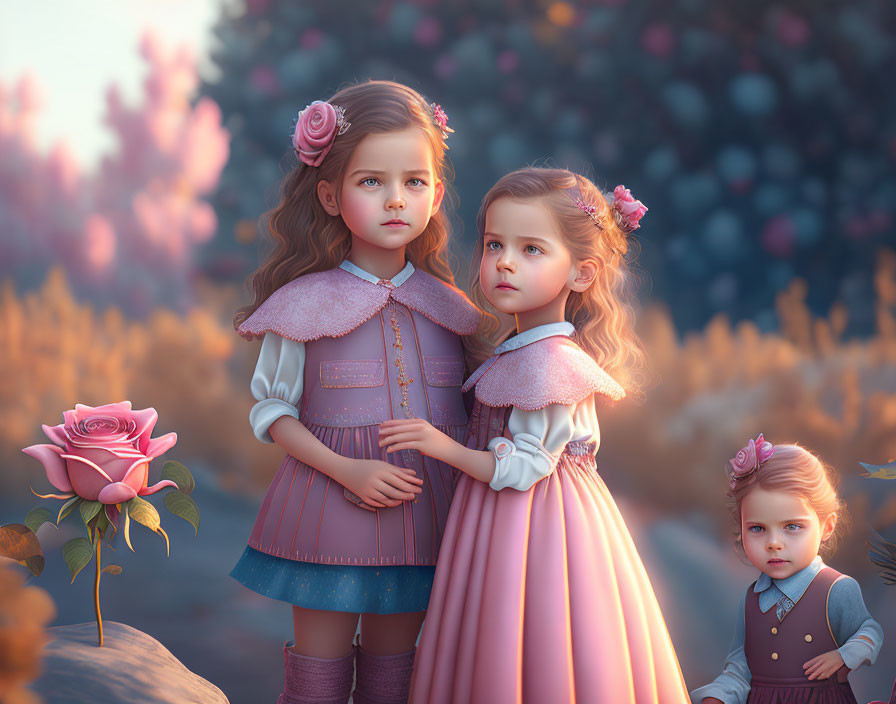 Vintage-dressed girls in floral landscape at sunset