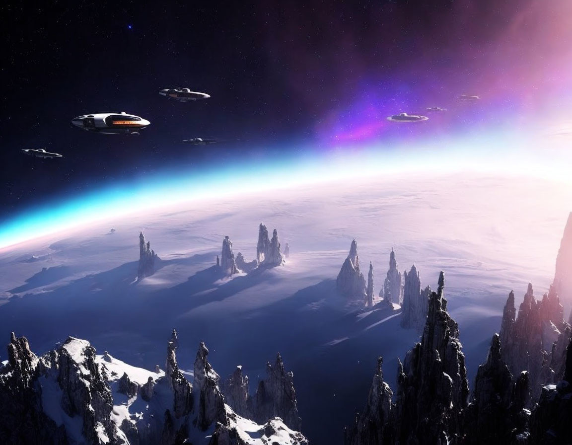 Alien planet sci-fi scene: spacecrafts over snowy mountains