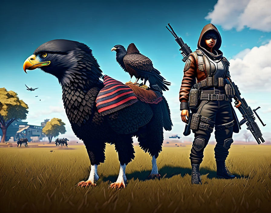 Digital rendering of giant eagle with rider and armed character in tactical gear in stylized field.