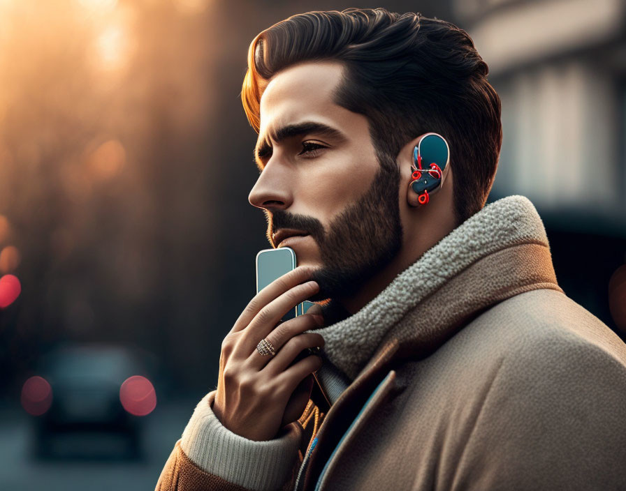 Bearded man in beige coat with wireless earphones at sunset