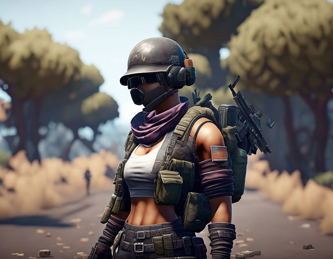 Character in helmet, goggles, scarf with rifle in stylized forest