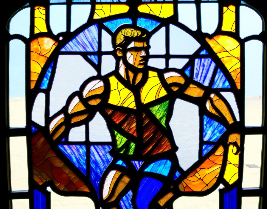 Colorful Stained Glass Window of Muscular Figure in Classical Pose