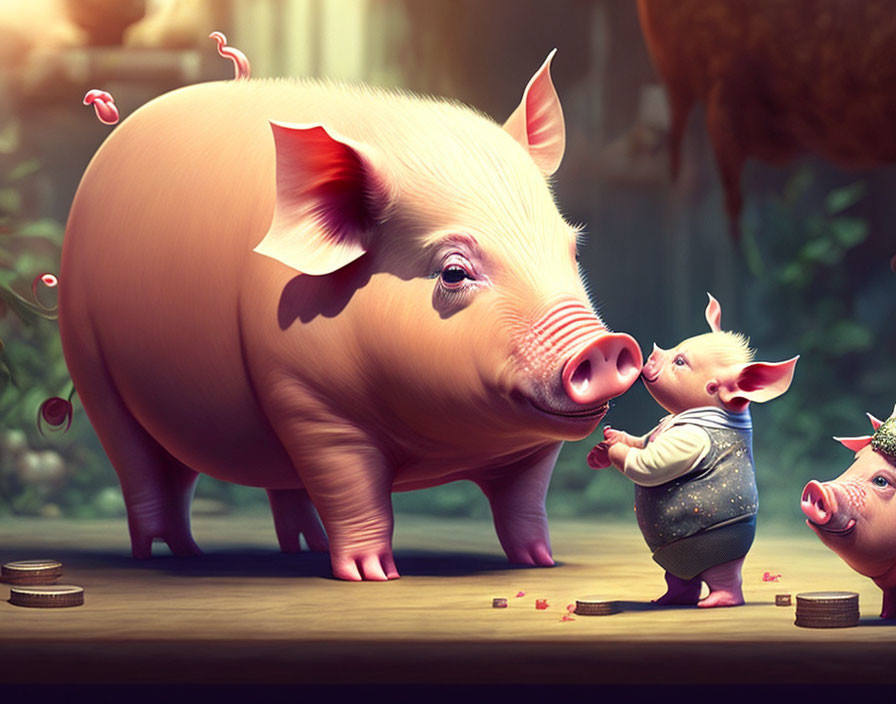 Illustration of large and small pigs with coins and butterflies in whimsical scene