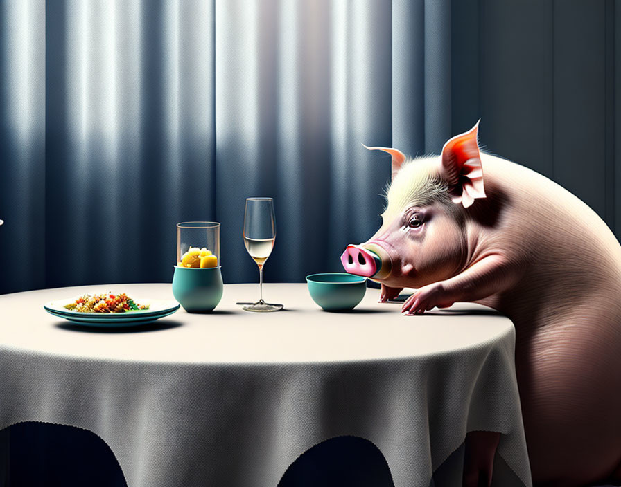 Pig with human-like expression at dinner table with food and wine.