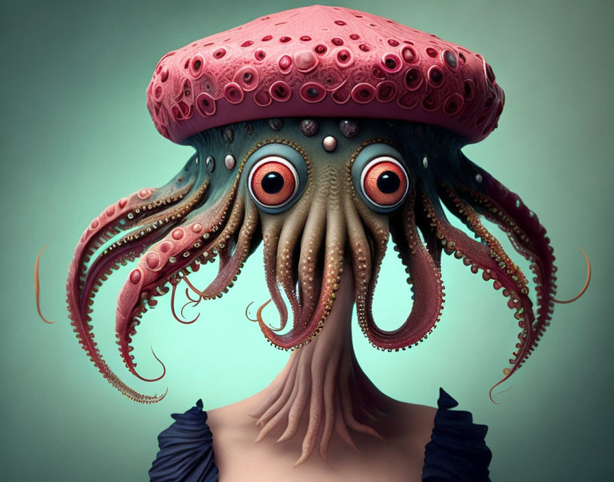 Surreal portrait: Octopus-headed person with detailed tentacles and captivating orange eyes on teal background