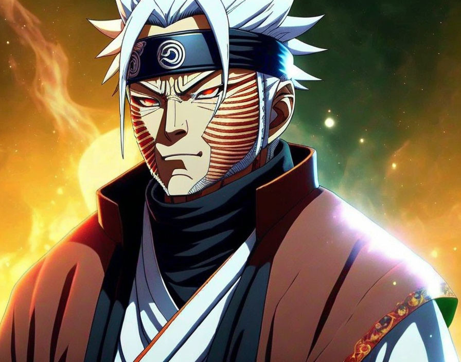 White spiky hair, red facial markings, ninja headband on animated character in fiery setting