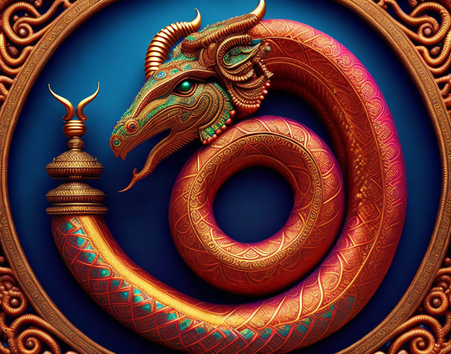 Colorful Circular Dragon Art with Golden Accents on Blue Background