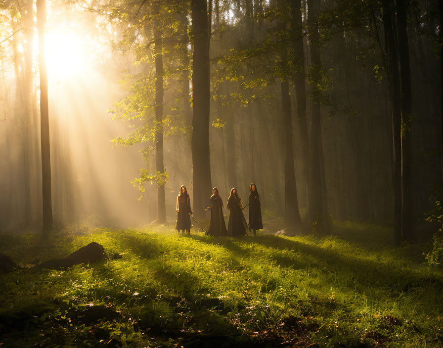 Misty forest scene with sunlight and figures