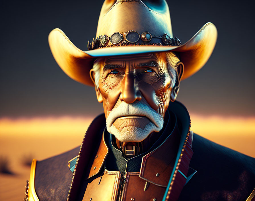 Elderly animated cowboy in hat and leather outfit against desert sunset