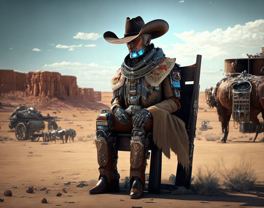 Futuristic cowboy with robotic features in desert landscape