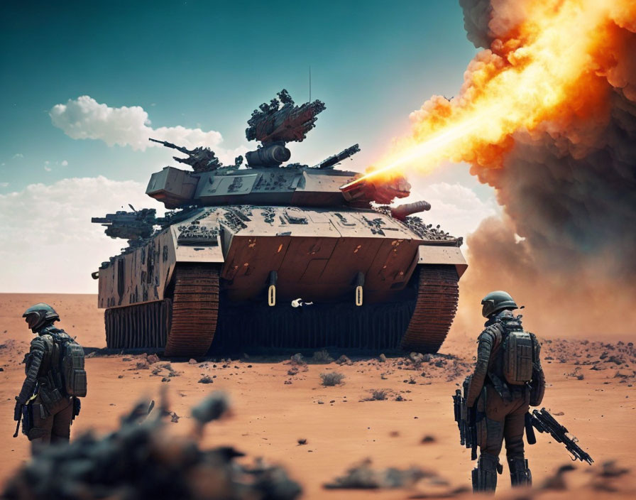 Futuristic tank firing weapon in desert combat scene