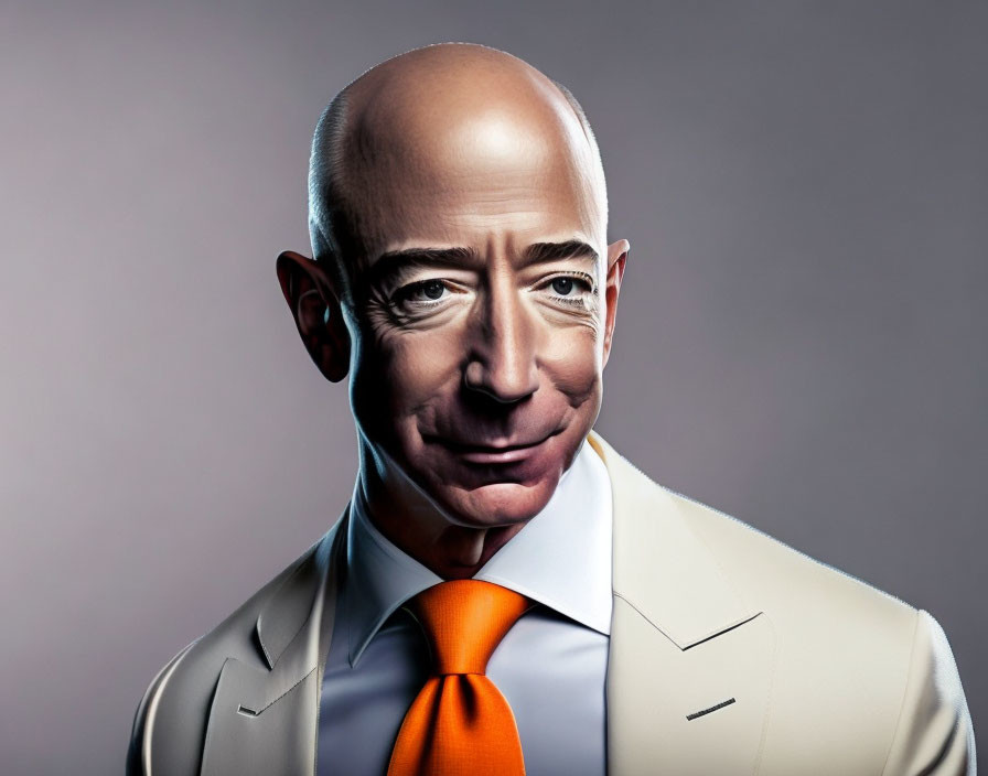 Exaggerated bald man caricature in suit and tie on grey background