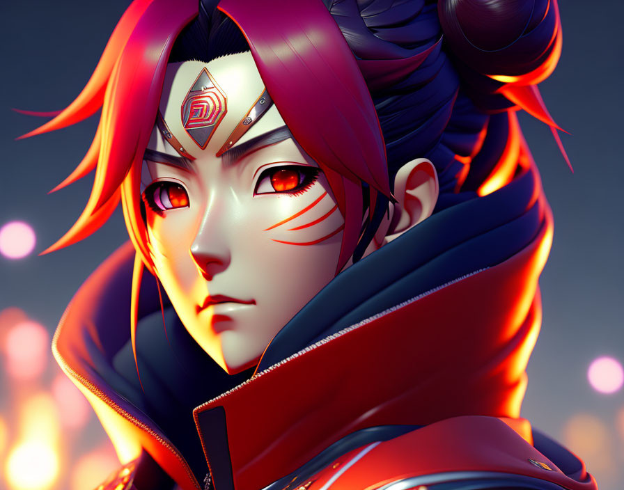 Detailed Illustration: Character with Red Hair, Red Eyes, Forehead Mark, Red & Blue Out