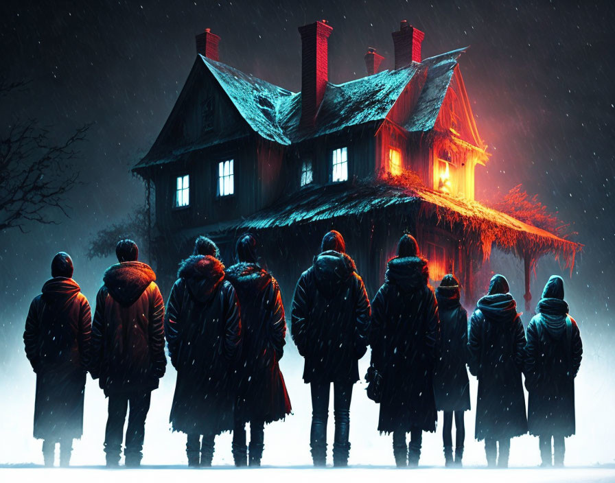 Group of People in Winter Coats Admiring Glowing House in Snowy Night