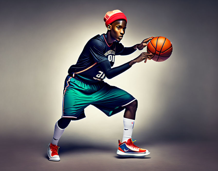 Basketball player in dribbling stance with black jersey and colorful sneakers