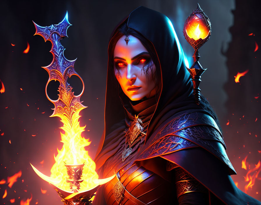 Fantasy warrior woman in dark armor with flaming sword