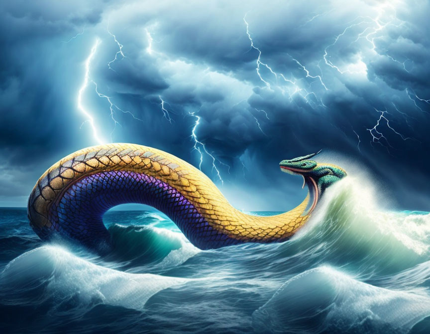 Mythical Sea Serpent Emerges from Turbulent Ocean Waves