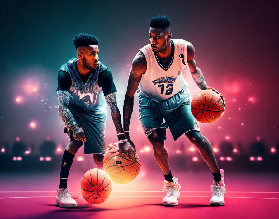 Intense basketball players on vibrant court with dramatic lighting