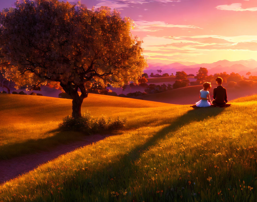 Two people under a tree at sunset in scenic hilly landscape