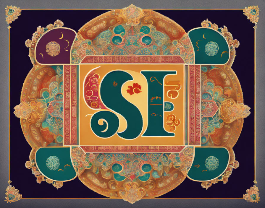 Colorful, ornate graphic with "SF" in center, ethnic or vintage design aesthetic.