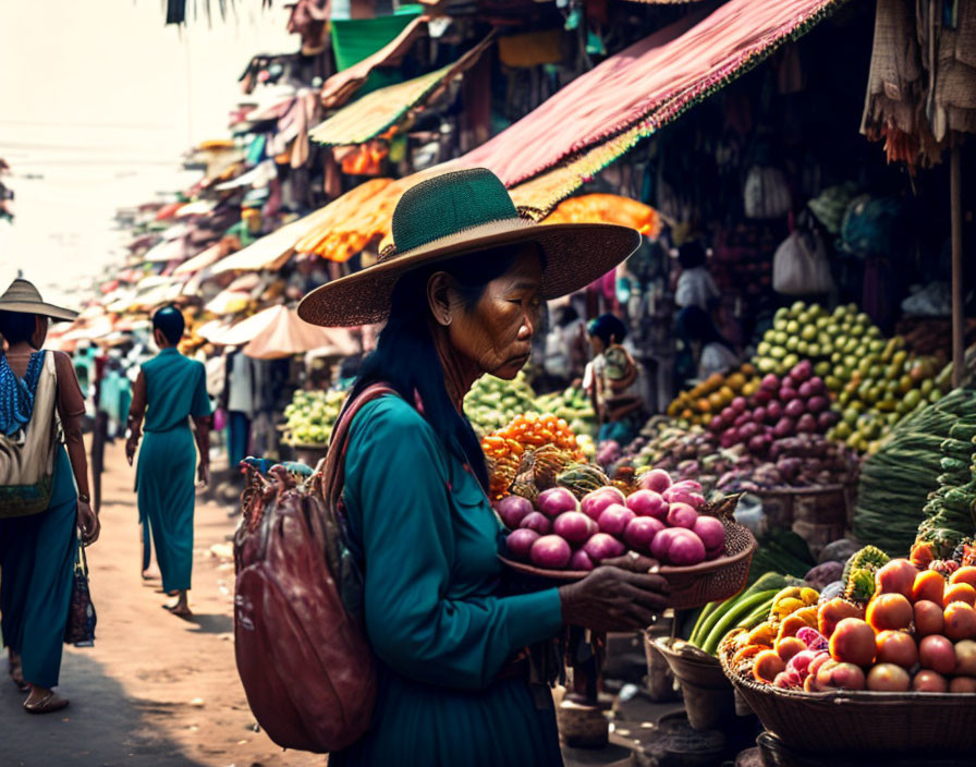 Woman in large green hat at bustling market with fresh produce stalls