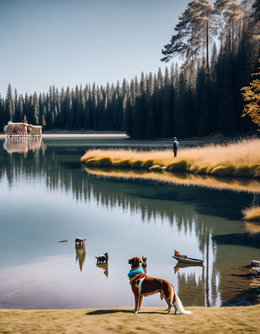 Tranquil lake scene with person, dog, ducks, and forest under clear sky