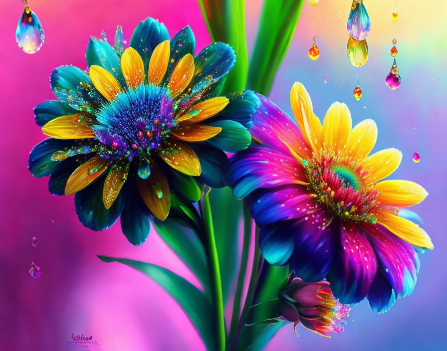 Colorful digital art: two multicolored daisies with water droplets on pink and blue