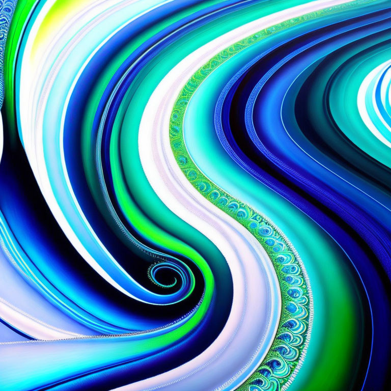 Colorful Abstract Art: Blue, Green, and White Swirls with Fractal Patterns