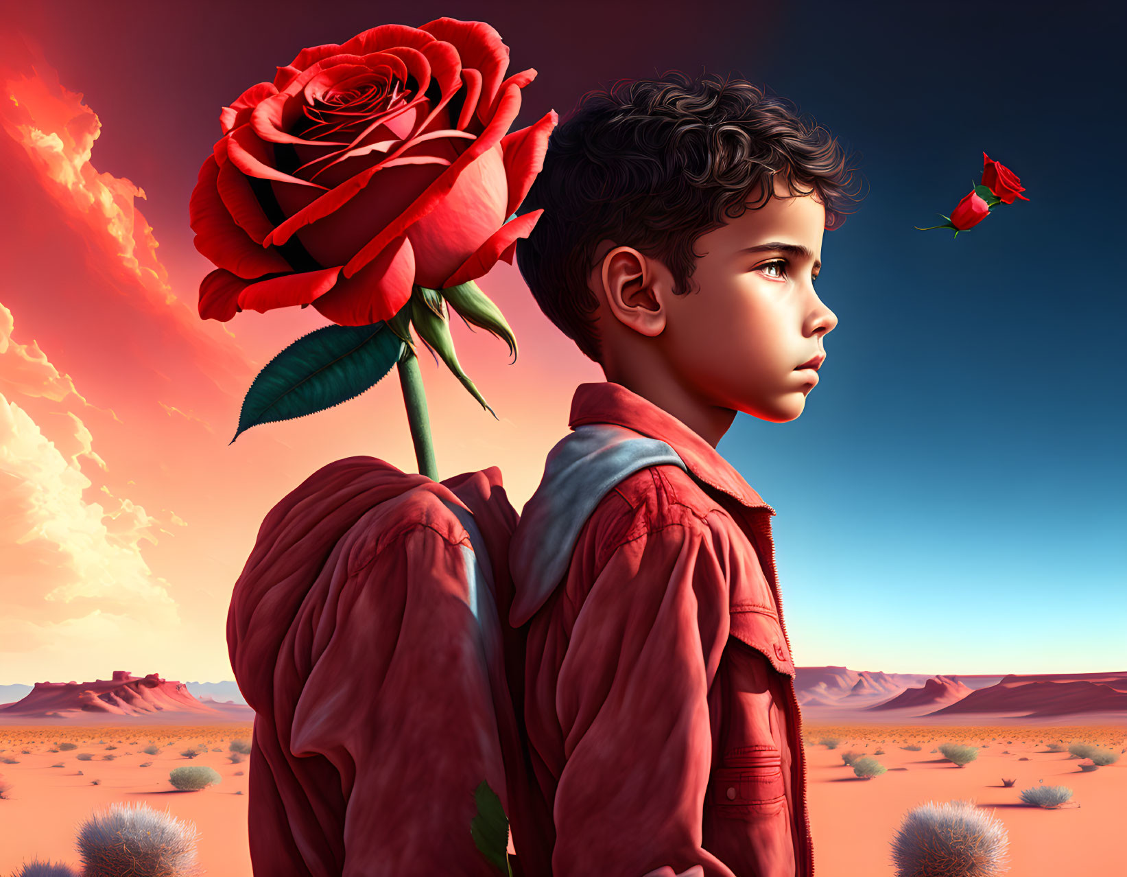 Boy with large rose on back in desert under cloudy sunset sky