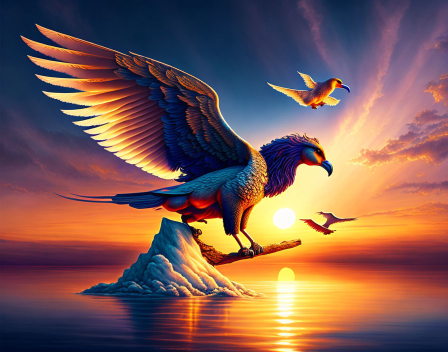 Oversized eagle perched on iceberg at sunset with flying bird over sea