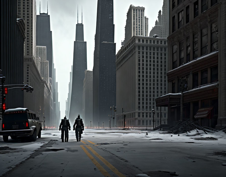 Desolate urban street with abandoned vehicles and debris