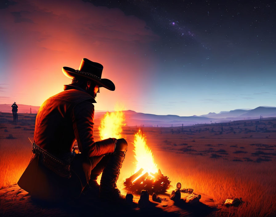 Cowboy by Campfire at Twilight on Vast Prairie with Starry Sky