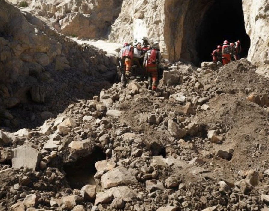 Rescue workers in protective gear at rocky cave entrance.