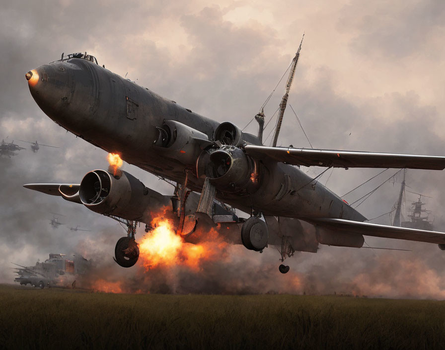 Military helicopter emergency landing with flames and smoke, warships in background