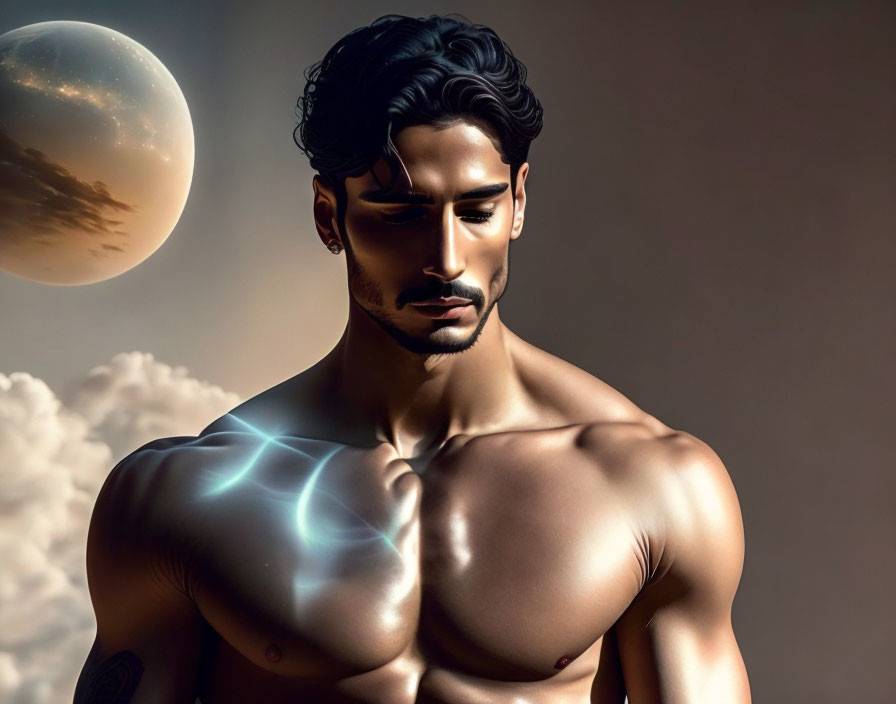 Muscular man with tattoos in fantasy sci-fi setting and grand planet.