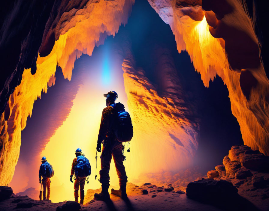 Explorers in a cave with stalactites under blue light