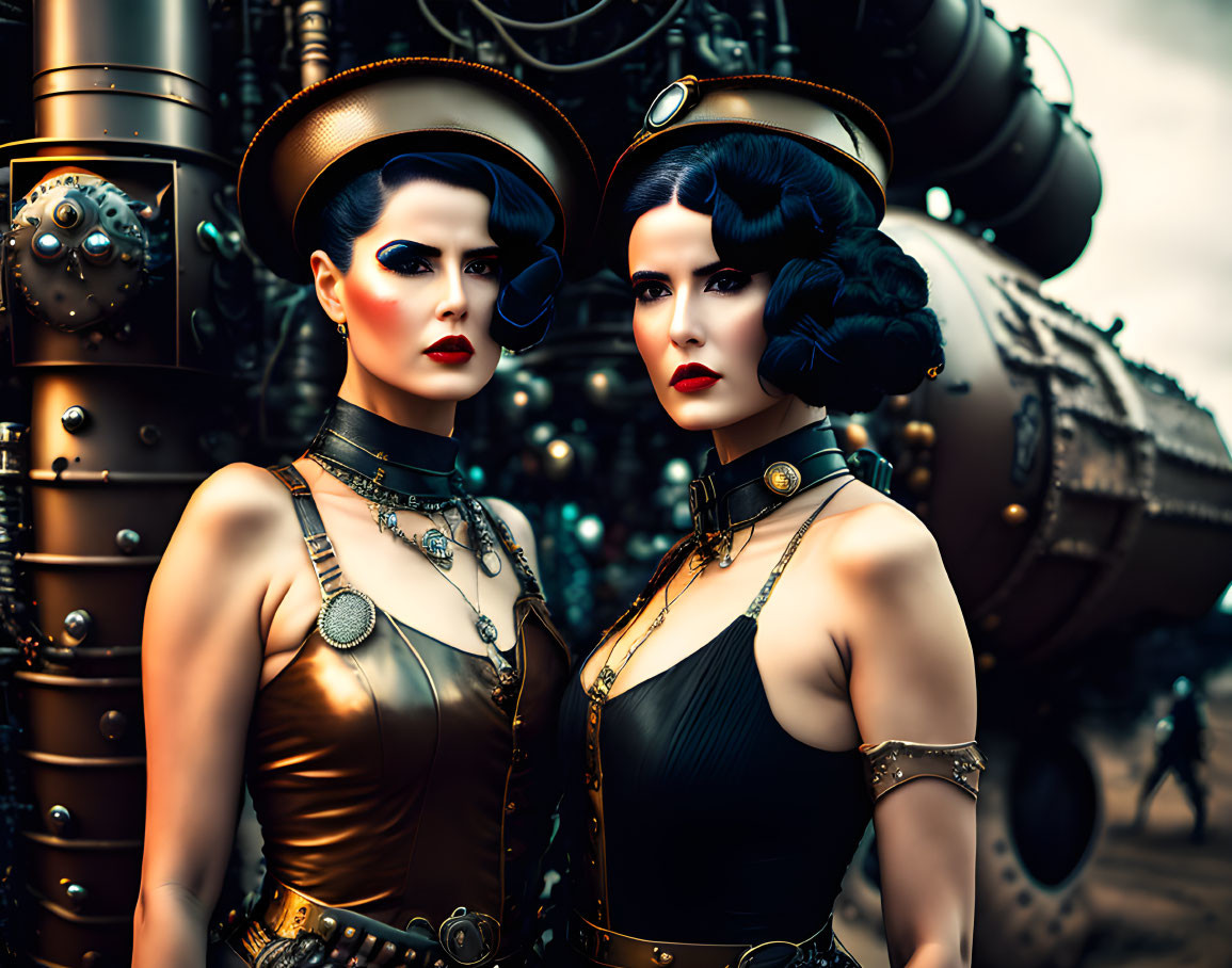 Two women in steampunk attire with intricate hairstyles in front of mechanical backdrop