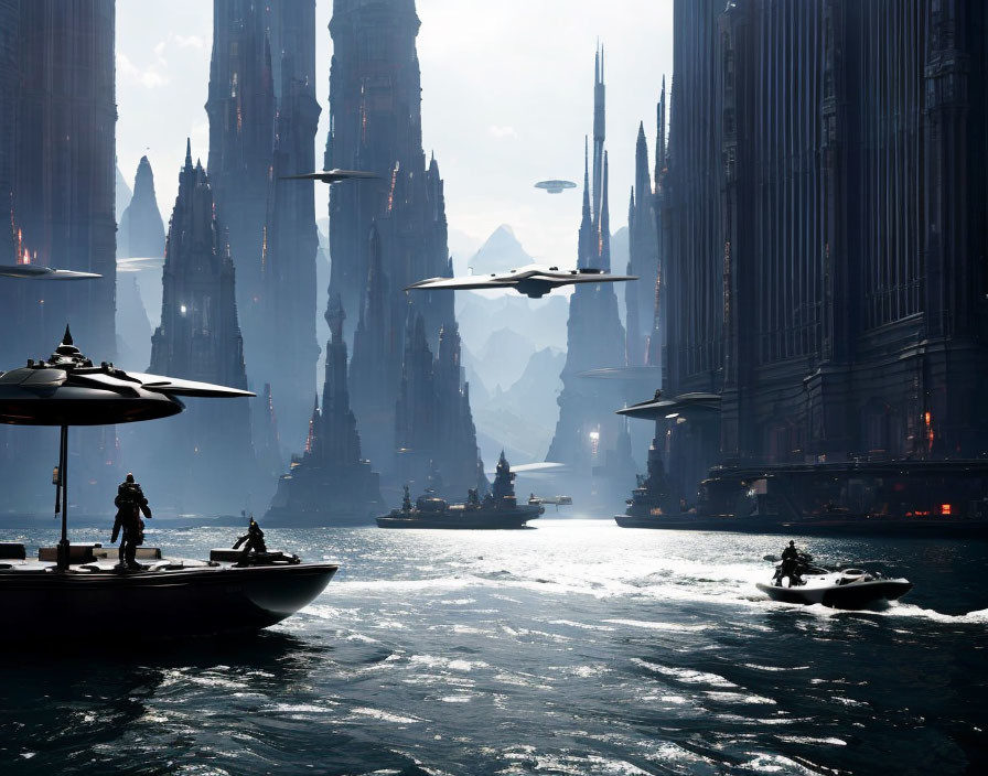 Futuristic city skyline with skyscrapers, river watercraft, and flying vehicles under hazy