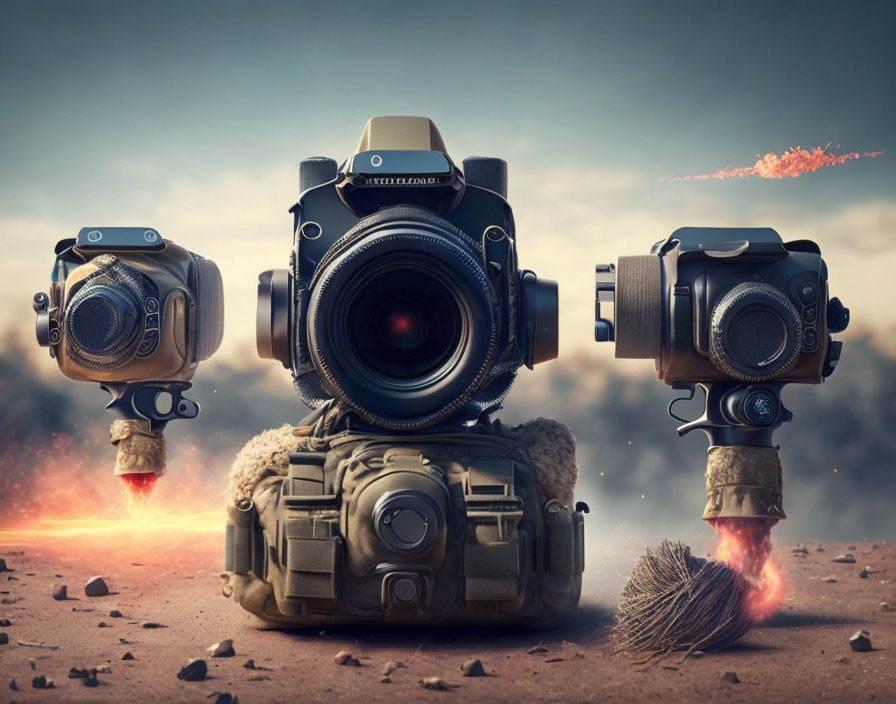 Three DSLR Cameras with Anthropomorphic Features and Rocket Thrusters on Dusty Surface