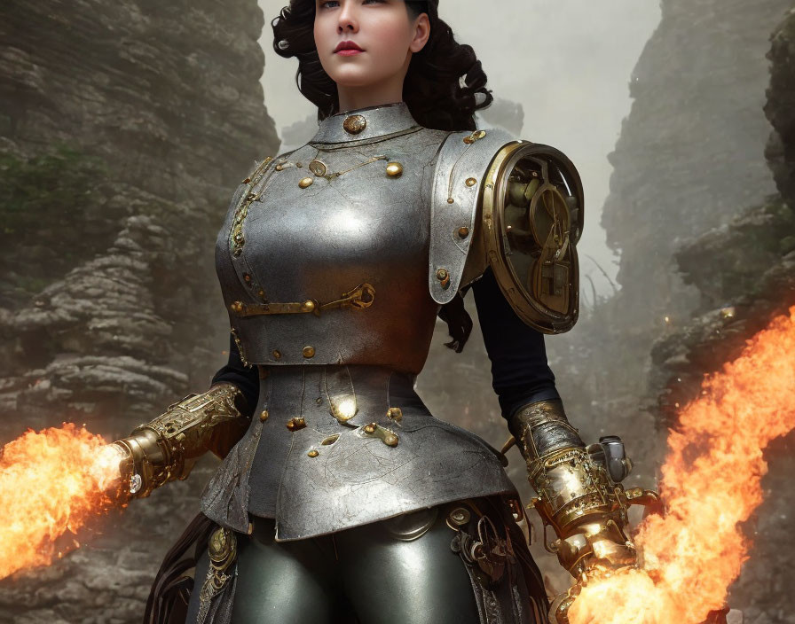 Medieval woman in armor with flaming gauntlet on battlefield