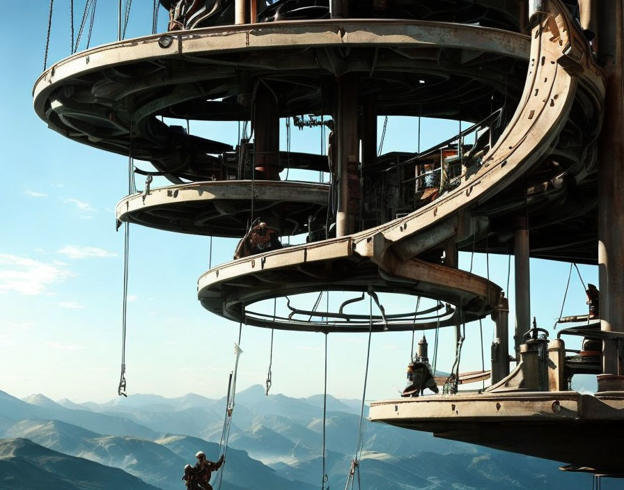 Workers on harnesses performing maintenance on circular platforms against a mountainous backdrop.