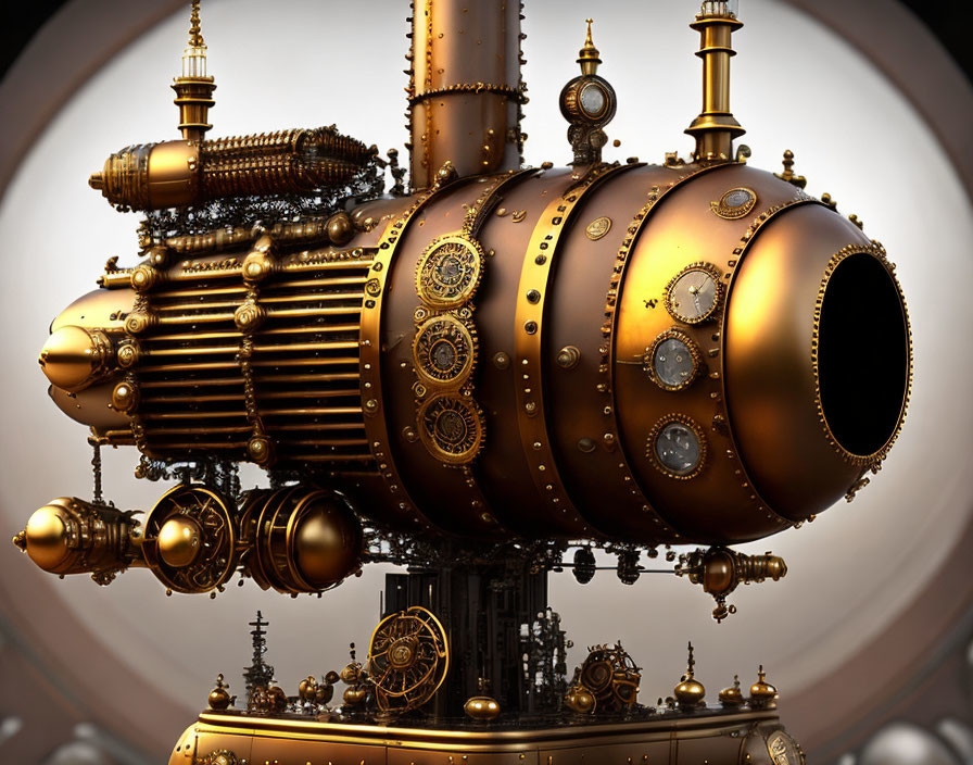 Detailed Steampunk Submarine with Brass Gears and Pipes