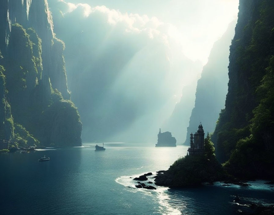 Tranquil sea landscape with cliffs, sunlight rays, temple, and boats