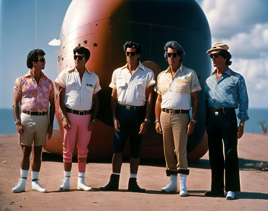 Vintage casual attire men pose in front of large spherical structure