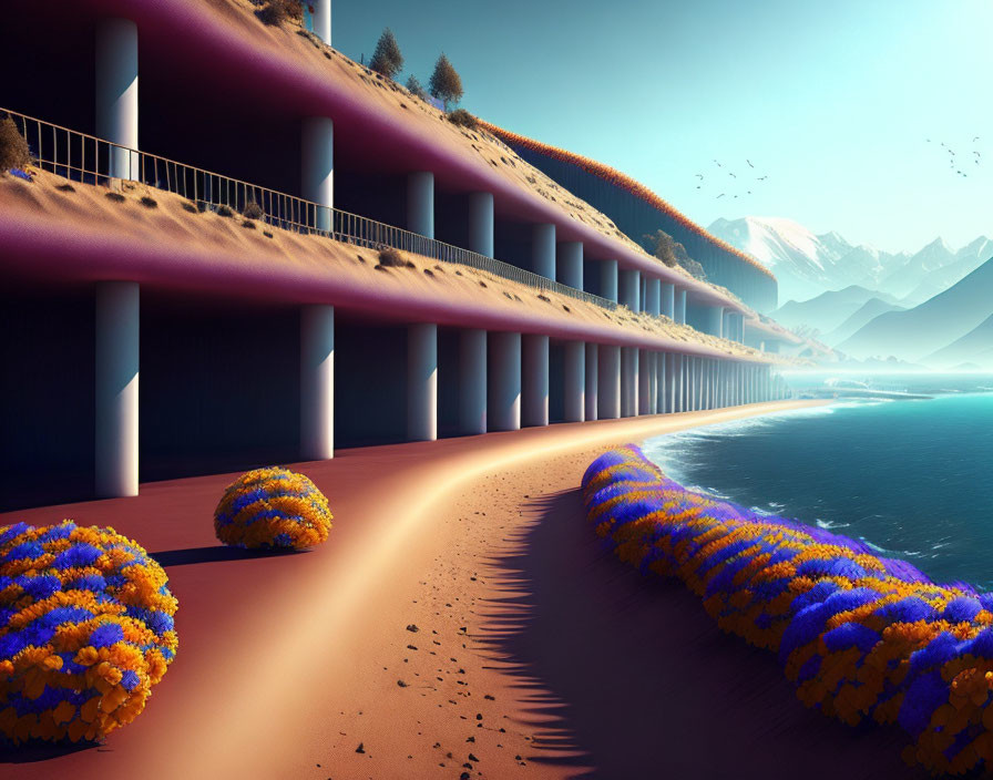 Futuristic coastal roadway with arches, sandy beach, colorful vegetation, and mountains.