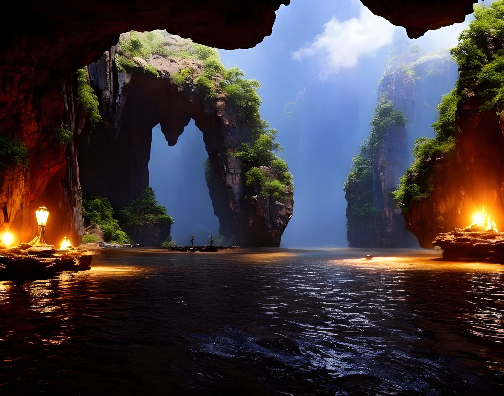 Majestic cave with cliffs, river, archways, and torches.