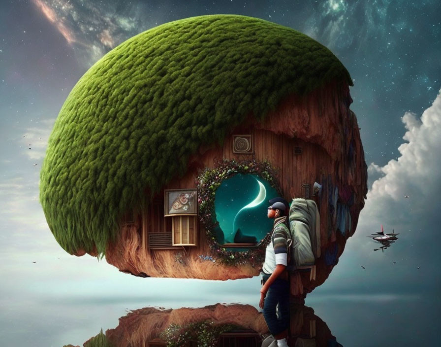 Backpacker looking at surreal floating island with house, portal, and flying ships