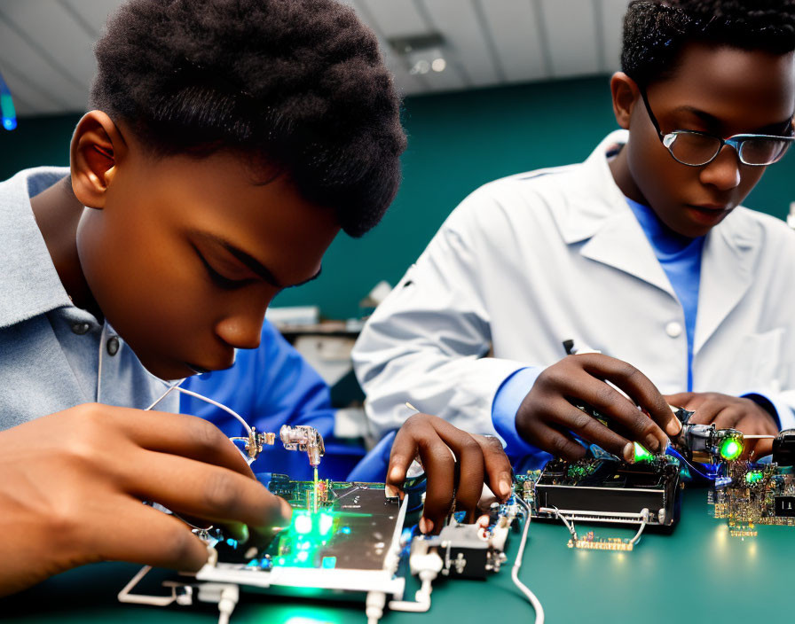 Students in lab coats assembling electronic circuit boards in technology class