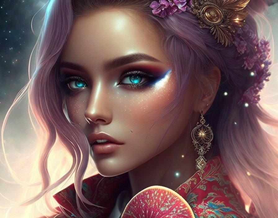 Digital artwork of woman with blue eyes, purple hair, floral crown, makeup, earrings, holding a